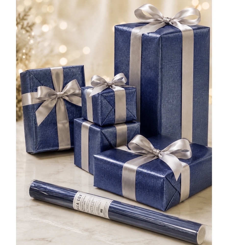 Bella Lux Luxe Heavy Weight Gift Wrap Navy Blue Textured Grid 30 SqFt 109-13